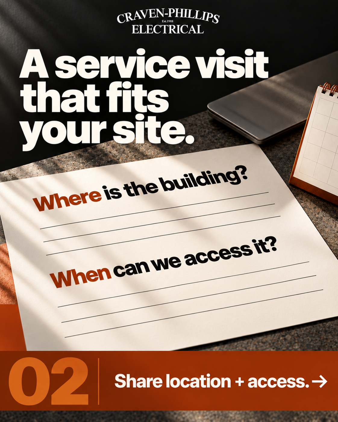 A service visit that fits your site. Share location and access.